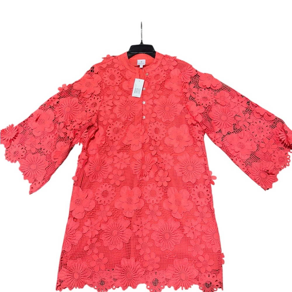 NWT $168 J Marie Seraphina Lace Dress Bright Coral Floral Lined Flare Slv Sz S - Picture 2 of 7